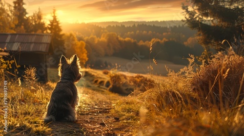 Idyllic rural scenery unfolds outside the rustic window frame, rolling meadows and towering pines bathed in golden hour glow, while the unmistakable wheaten wedge of a Scottish terriers silhouette sca photo