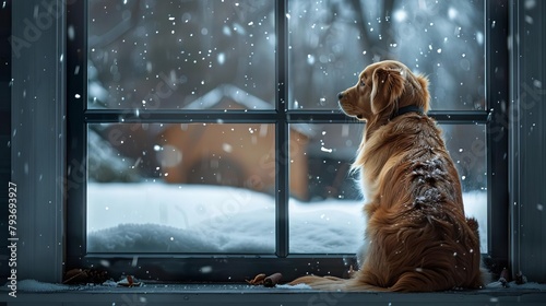 From behind, we see a wistful golden retriever seated obediently, paws tucked under, gazing through streaked panes at the gently falling snow outside, ears perked in hope of detecting a familiar foots photo