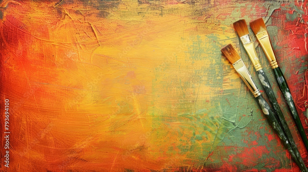 Three paintbrushes on a rustic colourful textured backdrop.