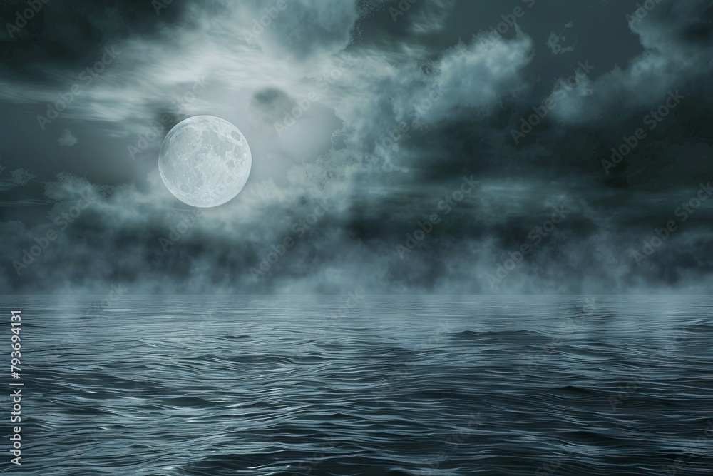 Fototapeta premium Moonlit seascape with dark storm clouds on a soft transparent white background, evoking a sense of mystery and adventure
