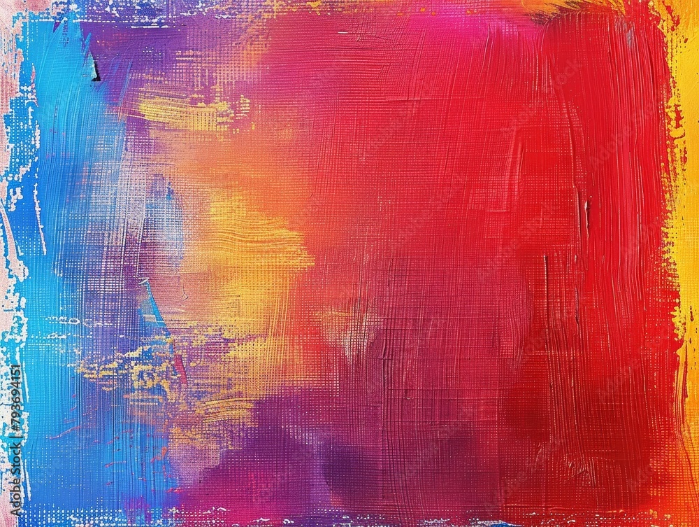 Abstract acrylic painting with bold red, blue, and yellow.