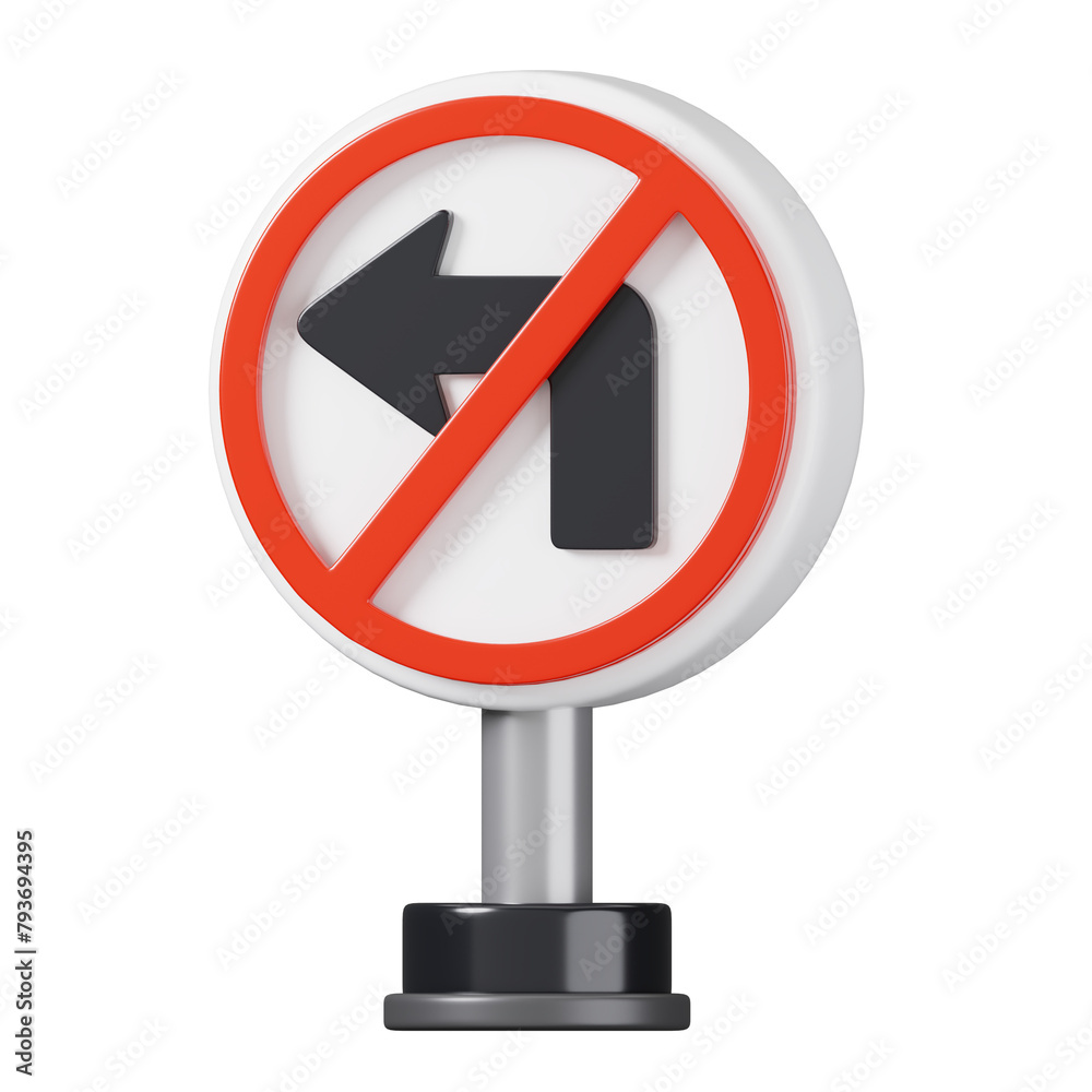 No left turn sign isolated. Traffic mandatory road sign board. 3D Illustration No left turn sign isolated. Traffic mandatory road sign board. 3D Illustration