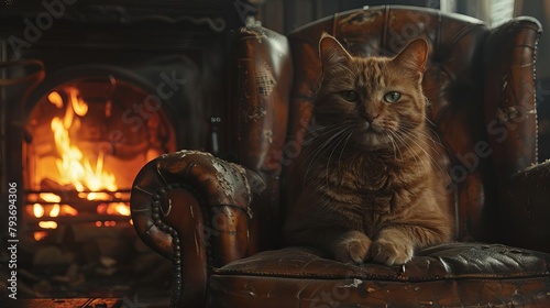 Eclipsed by the crackling glow of a fireplace, a proud felines statuesque outline merges with the arm of a worn leather armchair, whiskers alertly tracing the manors approaching headlights through a t photo