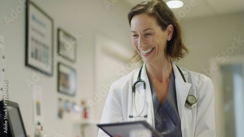 Friendly female doctor in a simple consultation space  smiling while explaining  interacting with a digital tablet  sense of warmth and approachability  styled as high-key lighting realism.
