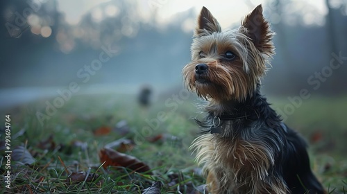 A tiny Yorkie trembles with impatience, bulging eyes straining toward the driveway, whining urgently at the sight of a distant figure approaching through the evening mist, in desperate need of reunion photo