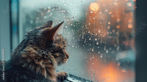 Rain patters against the windowpane, creating a soothing rhythm A fluffy Persian cat gazes out at the world, its tail swishing gently A curious Yorkie puppy peers over its shoulder, sharing the peacef photo