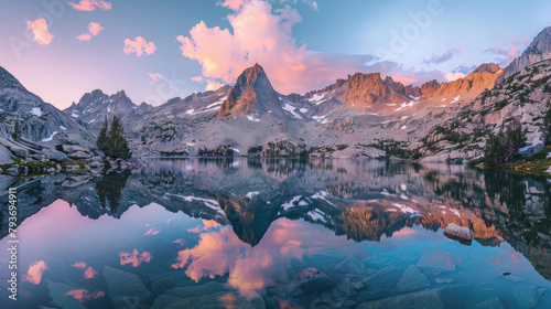 View of a serene mountain lake surrounded by craggy peaks reflected perfectly in the crystal clear waters under a soft pastel sunset