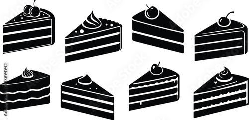 Cake slice silhouettes set. Black and white cake slices. Vector illustration