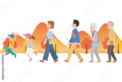 旅行に行く3世代家族　秋