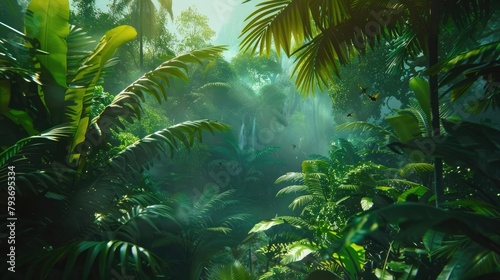 A dense and diverse tropical jungle canopy  alive with the sounds of birds and insects  highlighting the richness of biodiversity in a rainforest ecosystem.