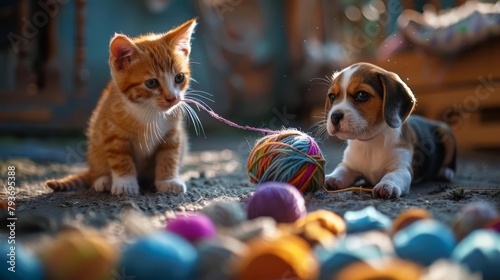 A mischievous orange tabby skillfully unravels a ball of yarn, leaving a trail of colorful chaos A bewildered Beagle puppy watches, its head tilted in confusion, as the yarn unravels faster than it ca photo