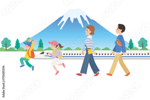 旅行に行く家族　新幹線