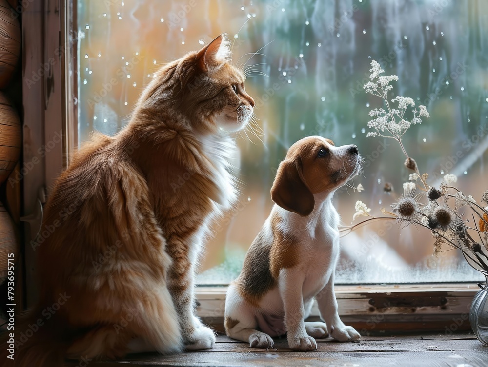 A fluffy Persian cat, usually known for its regal demeanor, sits sidebyside with a curious Beagle puppy on a windowsill Both are captivated by the symphony of birds chirping outside, a rare moment of - obrazy, fototapety, plakaty 