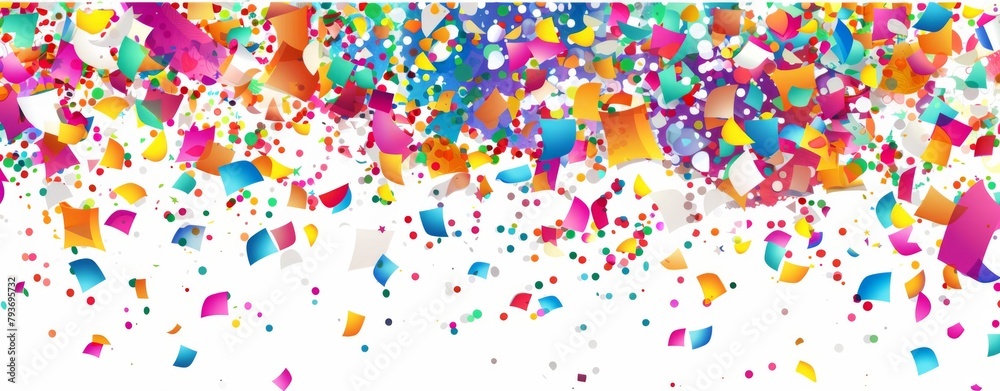 Colorful confetti falling on white background, flat lay