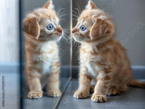 A curious kitten with wide blue eyes stares intently at its reflection in a fulllength mirror A playful Golden Retriever puppy, tail wagging furiously, approaches the mirror, barking at the unfamiliar photo