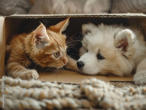 A cardboard box transformed into a fortress becomes the battleground for a playful tussle between a ginger tabby cat and a fluffy Samoyed puppy Claws lightly bat at ears as the fluffy puppy tests the