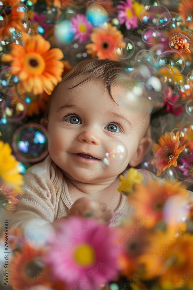 A cheerful baby lies amongst colorful flowers and bubbles, with a focus on its bright eyes and smile A cheerful baby lies amongst colorful flowers and bubbles, with a focus on its bright eyes and smile