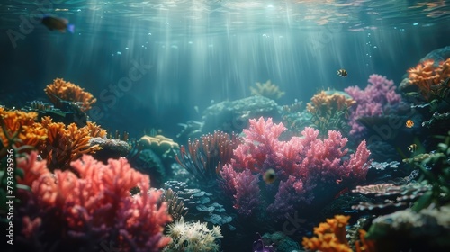 A diverse array of colorful corals and marine life in a pristine underwater reef  highlighting the delicate balance and beauty of marine biodiversity.