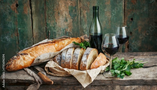 Lord's Supper: Bread, Fish and Wine on the Table. 