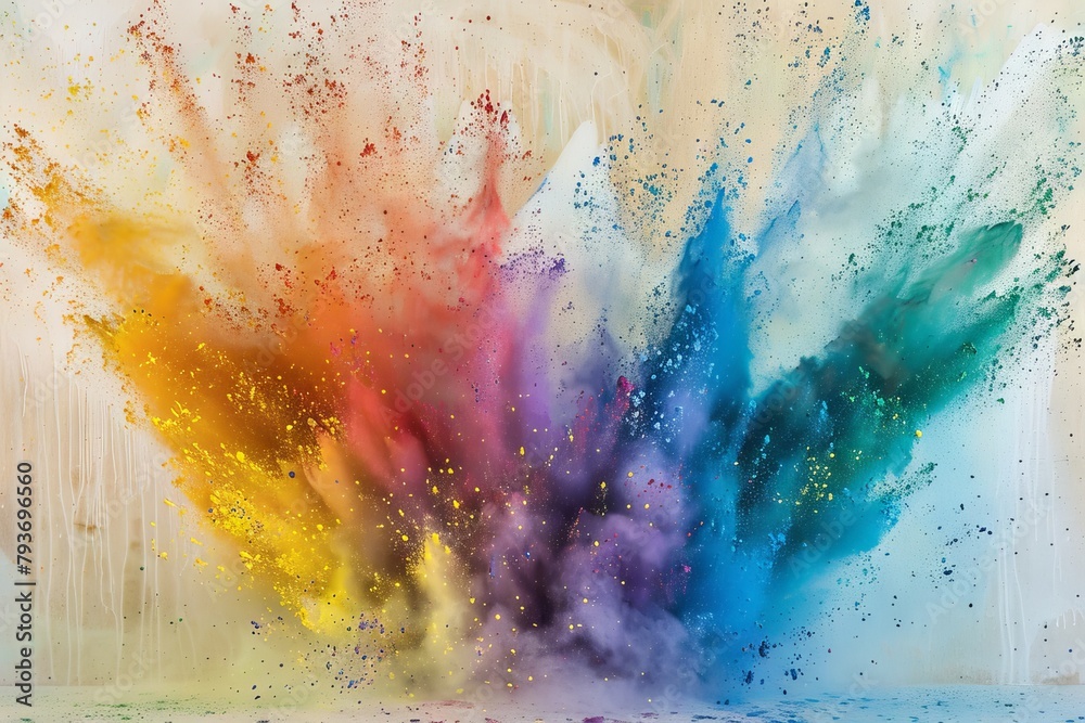 Fototapeta premium Rainbow-colored powder burst on a transparent white canvas, adding excitement