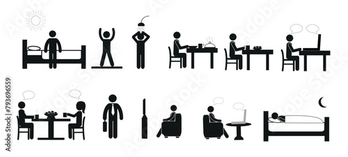 healthy lifestyle, daily routine concept, daily, chores, routine, daily routine, drawings, pictograms, icons, highlighted on a white background, flat vector illustration