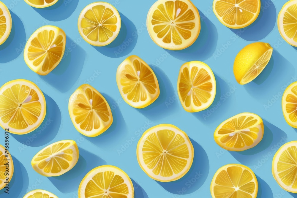 lemon slices seamless pattern on blue background flat lay top view