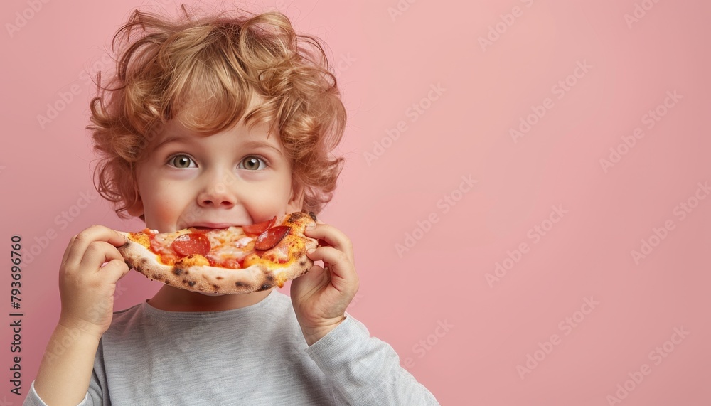 Charming child savoring pizza on gentle backdrop with ample space for text integration