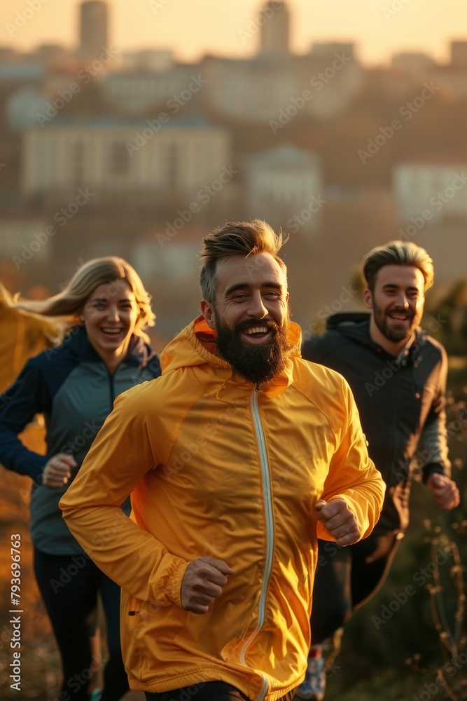 Friends in athletic wear joyfully running outdoors against city skyline backdrop at golden hour