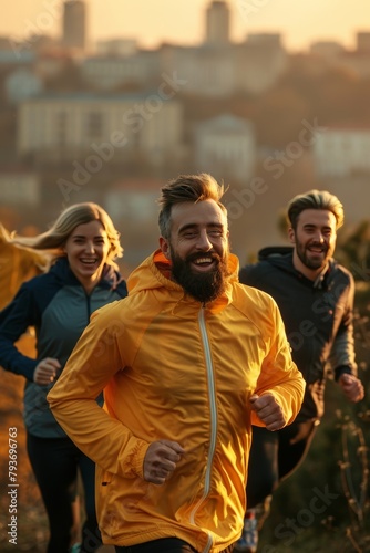 Friends in athletic wear joyfully running outdoors against city skyline backdrop at golden hour © Ilja