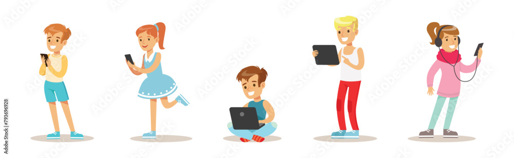 Kid Character Use Mobile Gadget and Device Vector Set Kid Character Use Mobile Gadget and Device Vector Set