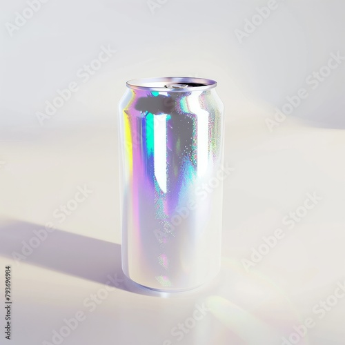 A single aluminum can with a captivating holographic light reflection on a soft background