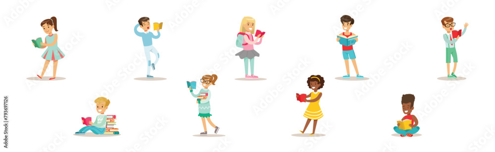 Kid Character Reading Book Enjoying Literature Vector Set