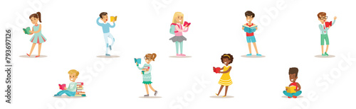 Kid Character Reading Book Enjoying Literature Vector Set