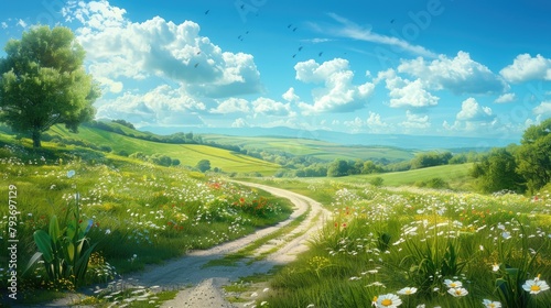 Winding Country Road Through Lush Summer Meadow Landscape