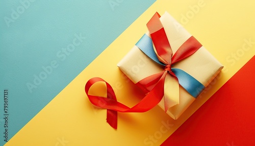 happy birthday yellow paper gift box, red blue ribbon, red background copy space card.
