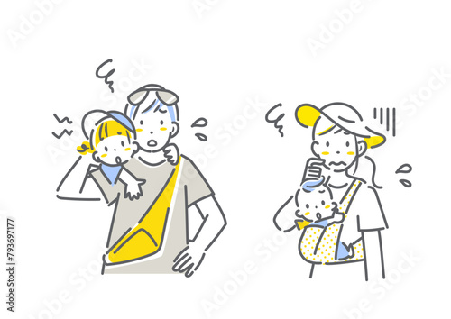 夏の旅行中の四人家族　トラブル　シンプルでお洒落な線画イラスト