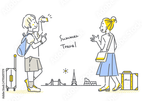 夏休みの海外旅行を楽しむ観光客の女性　シンプルでお洒落な線画イラスト