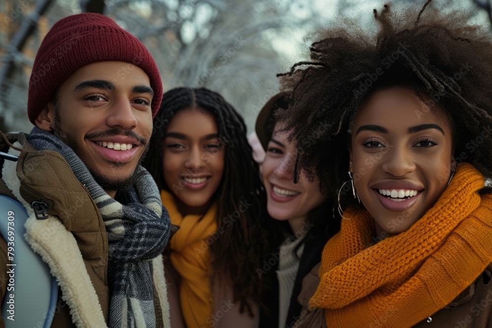 multiethnic group of smiling friends in winter clothes looking at camera