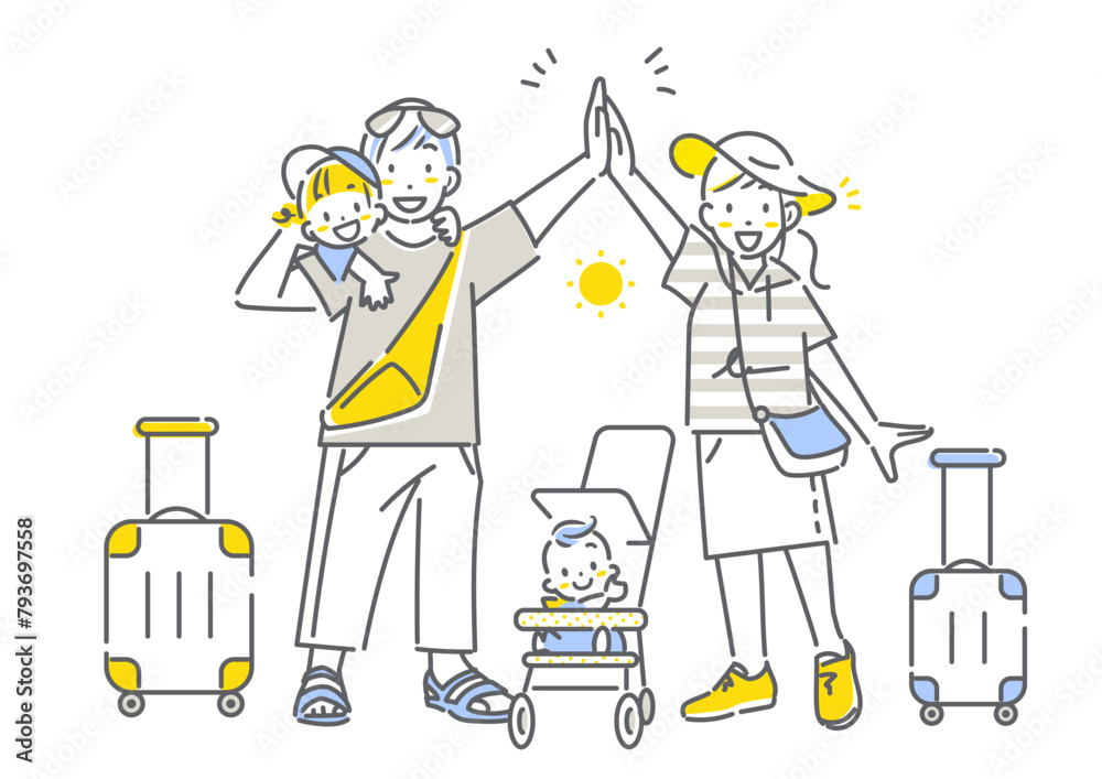 ワクワクしながら夏休みの旅行へ出発する若い家族 シンプルでお洒落な線画イラスト ワクワクしながら夏休みの旅行へ出発する若い家族 シンプルでお洒落な線画イラスト