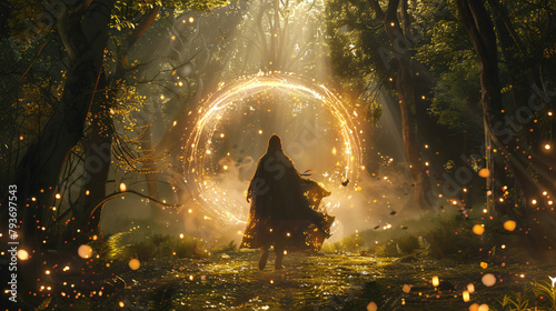 Powerful woman sorcerer walking in fairy forest 