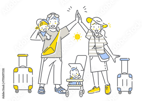 ワクワクしながら夏休みの旅行へ出発する若い家族　シンプルでお洒落な線画イラスト