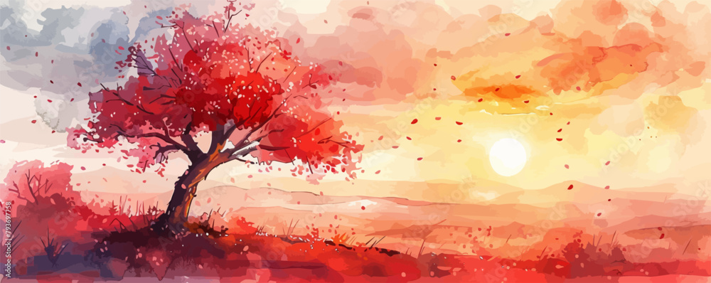 Fototapeta premium An artistic landscape with a cherry tree, cherry blossoms and sunset painted with watercolor. vector simple illustration