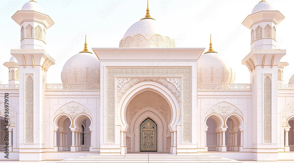 Colourful exterior to a religious entrance of mosque building. Islamic architecture and building