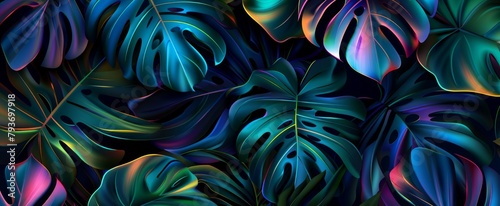 Tropical leaves come to life in a colorful neon glow, showcasing detailed patterns and a sense of depth photo