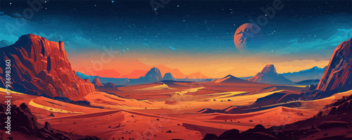 Desert planet landscape with magnificent red rocks and a starry sky. Vector flat minimalistic isolated illustration in digital art style.