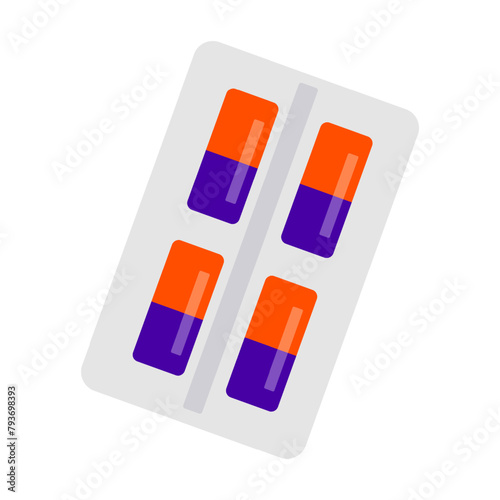 Pills, pack of pilules, medicine, sharp color transition, plastic, health care, flat design, different colors, simple image, cartoon style. Vector line icon for business and advertising