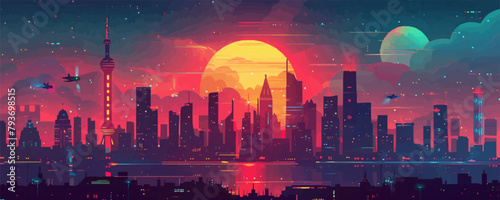 A fantastical cityscape with towering skyscrapers, neon lights, and flying cars against a futuristic skyline. Vector flat minimalistic isolated illustration.