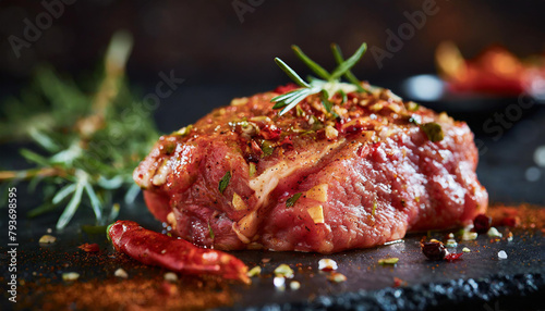 Close-up of raw marinated pork. Spicy marinade. Fresh meat pieces for BBQ. Culinary concept.