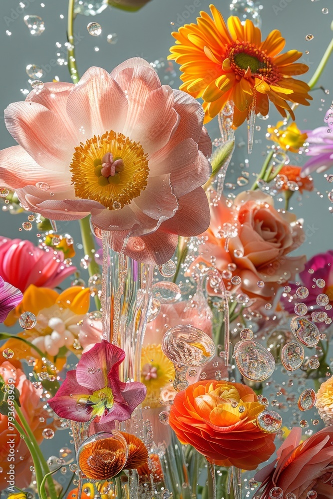 A stunning visual of colorful flowers surrounded by sparkling water droplets, highlighting the beauty of nature