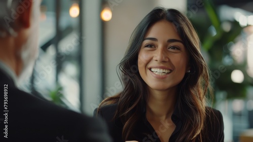 Latina businesswoman in a streamlined office setting, enthusiastic, initiating handshake with senior male client, warmth and achievement in her smile, styled as soft-focus realism.